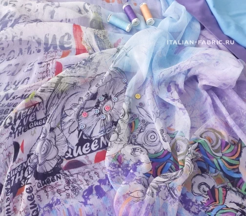 Шифон-крэш "Цветы и текст", купон, 1022119к