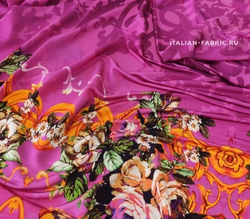 Трикотаж "Оранжевые цветы", купон, фон фуксия, 3092036к