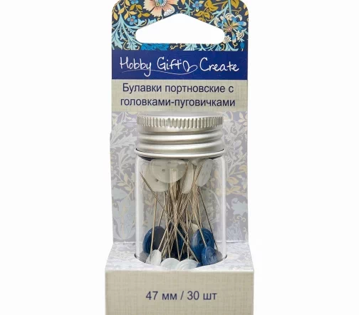 HGC720.01 Булавки портновские с головками-пуговками в банке, 47мм, синий/белый, 30шт, Hemline Hobby
