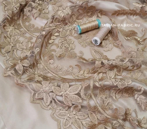 Вышивка на сетке "Цветочный орнамент", цвет золотисто-бежевый, 82904-1