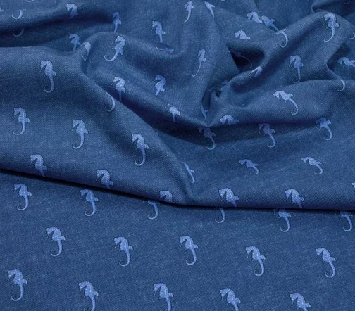 Плательный хлопок стрейч "Морские коньки", фон синий джинсовый, 1092212