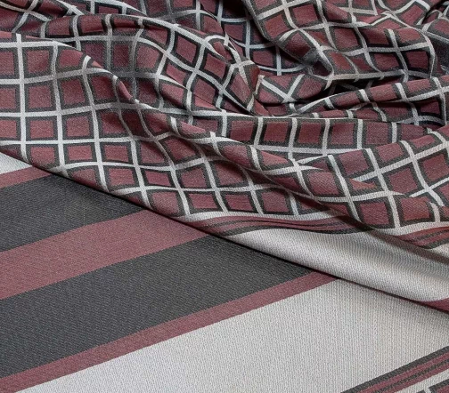 Жаккард купон в полоску и клетку, серо-бордовый, 01548к