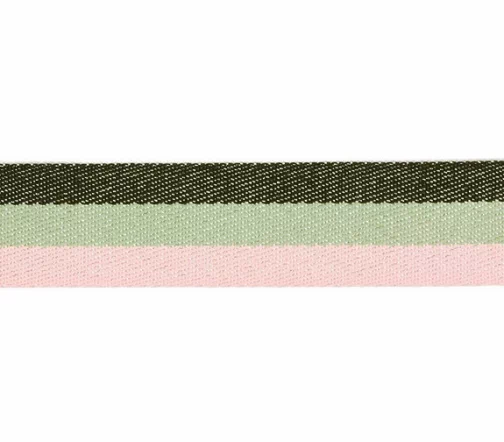 Лента отделочная жаккардовая, с метанитью, 28 мм, оливковый/лен/светло-розовый