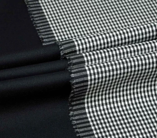 Ткань костюмная двусторонняя черно-белая клетка/черный, 1082046