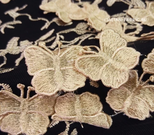 Вышивка на сетке "Золотые бабочки", цвет черный, 01620-1