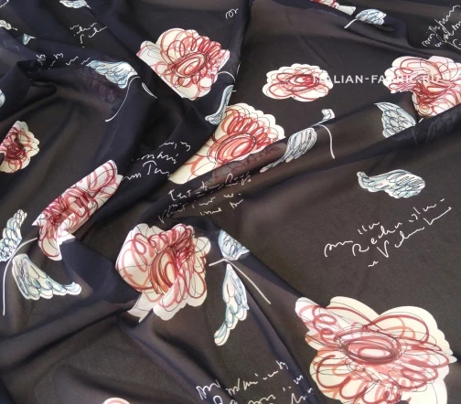 Шифон "Цветы с крылышками", фон черный, 01716