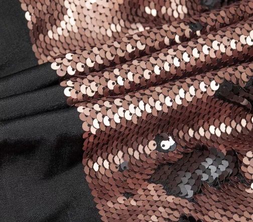 Ткань с двусторонними пайетками, цвет черный/бронзовый, 82807-4