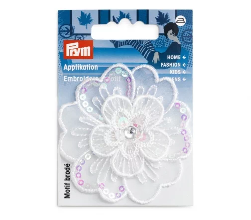 926706 Термоаппликация "Цветок праздничный белый со стразом и пайетками", 6,5см, Prym