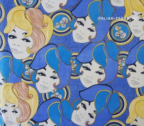 Батист "Лица", фон ярко-синий, 00377-1