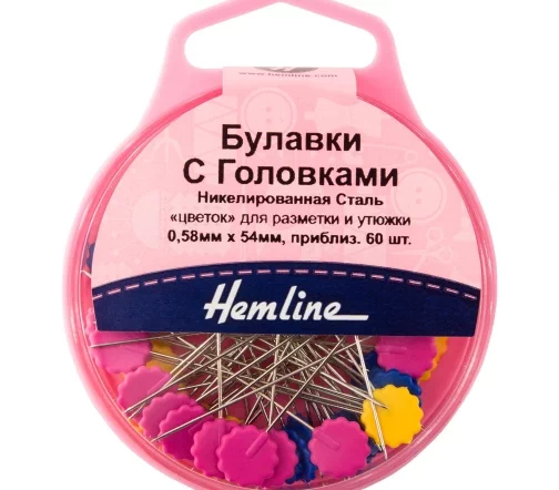 707 Булавки с плоскими головками "Цветок" в контейнере, 54 мм, 60 шт, Hemline