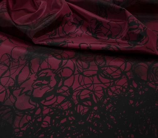 Плащевая ткань "Черные цветы на бордовом", купон, 00895к