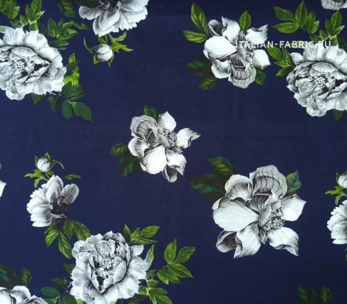 Репс вискозный "Пионы", фон синий, 01996