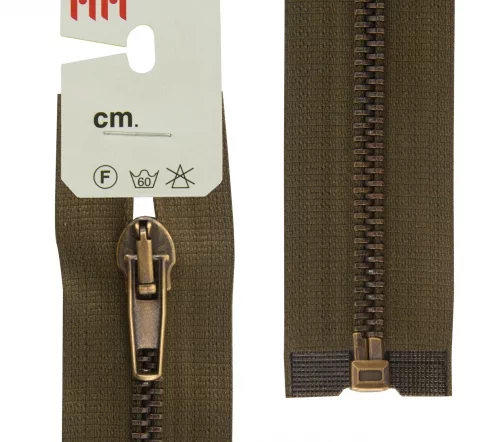 Молния RiRi металл разъём, 1 замок 5 мм 70 см, подвеска АТ, цепь антик медь, цвет 2817, темный хаки