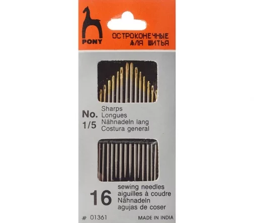 Иглы ручные для шитья Sharps с золотым ушком, № 1-5, 16 шт., PONY 01361