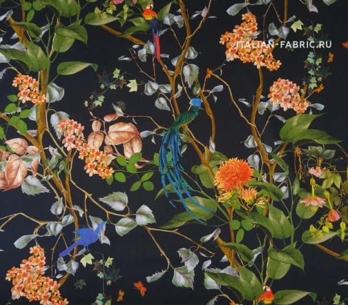Сатин "Райские птицы", фон черный, 20794-3