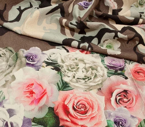 Жаккард стрейч хлопковый "Милитари и розы", купон, 00726к