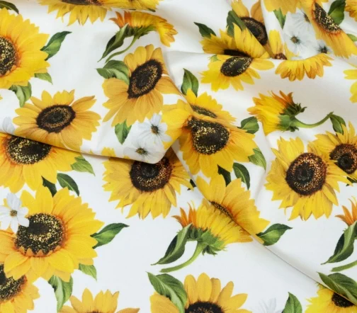 Сатин стрейч "Подсолнухи мелкие", фон белый, 00799-1