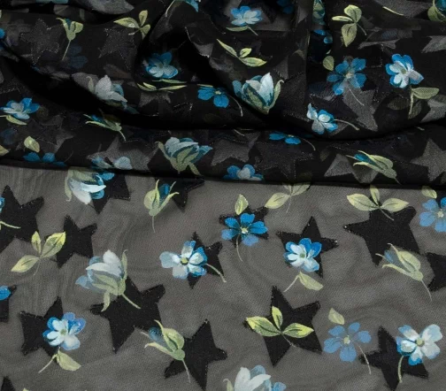 Шифон-деворе "Звезды и цветы", фон черный, 6082208