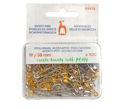 Булавки английские №000/2 (19/38 мм), металл, цвет золото/никель, 100 шт., пластик.конт., PONY 84438