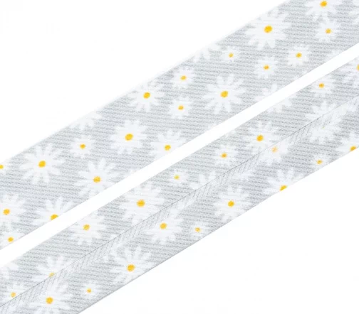 Косая бейка SAFISA с ромашками, 20мм, цвет 87, фон серый