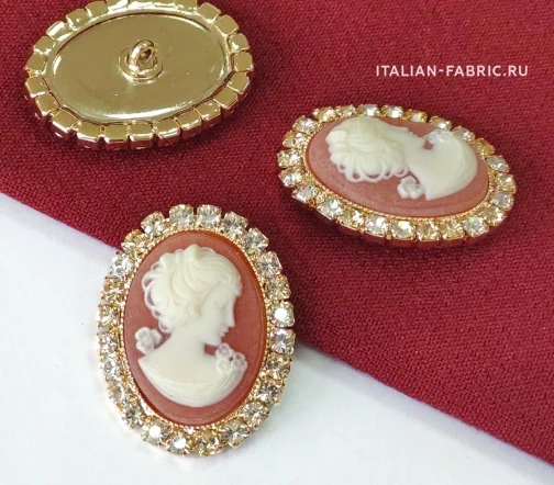 Пуговица Gafforelli "Камея", на ножке, со стразами Swarovski, цвет золото/терракотовый, 33х25 мм