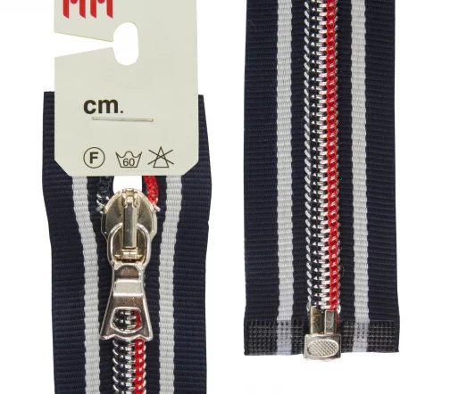 Молния RiRi спираль, репс, разъёмная, 1 замок 6 мм 55 см, подвеска B5, цепь Ni, синий/белый/красный