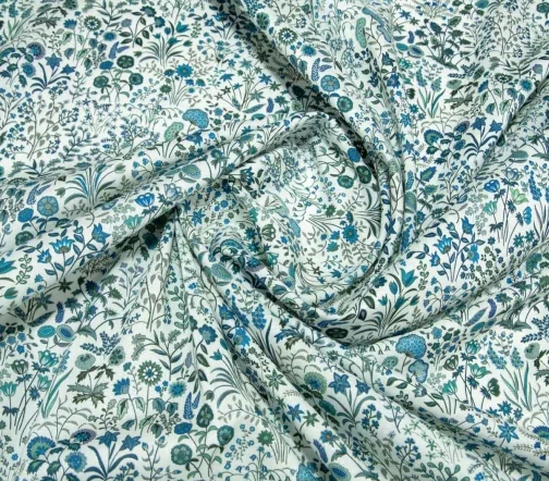 Сорочечный хлопок "Сине-зеленые цветы на белом фоне", 1092317