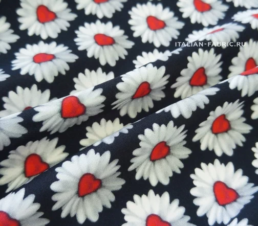 Шелк креп "Ромашки на черном", 00184-2