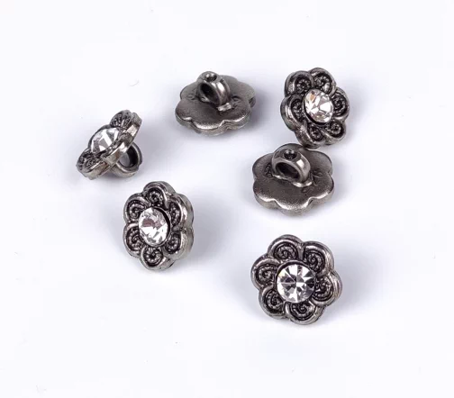 Пуговица DILL "Цветок с кристаллом", на ножке, пластик, цвет состар.серебро, 11 мм