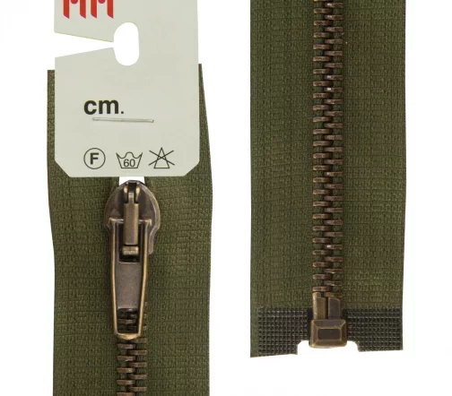 Молния RiRi металл разъём, 1 замок 5 мм 60 см, подвеска АТ, цепь антик медь, цвет 2827, хаки